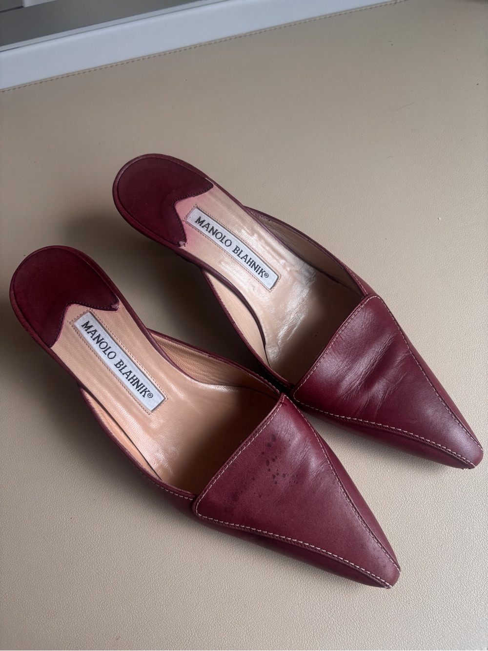 Vintage Manolo Blahnik Burgundy Leather Pointed-Toe Mules | EU 35.5
